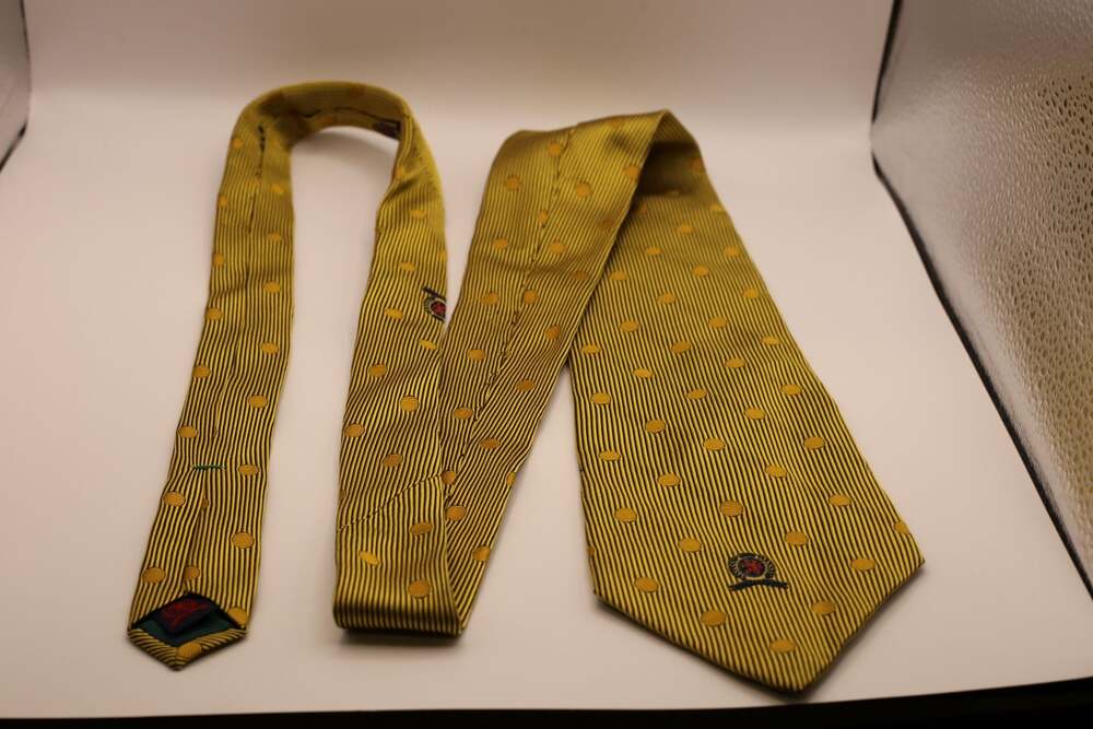Vintage Tommy Hilfiger Gold Striped Silk Tie with Polka Dots and Crest Logo